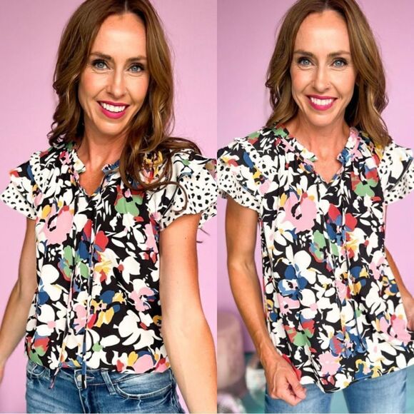 Black Floral Print Flutter Sleeve Blouse - Picture 1 of 4